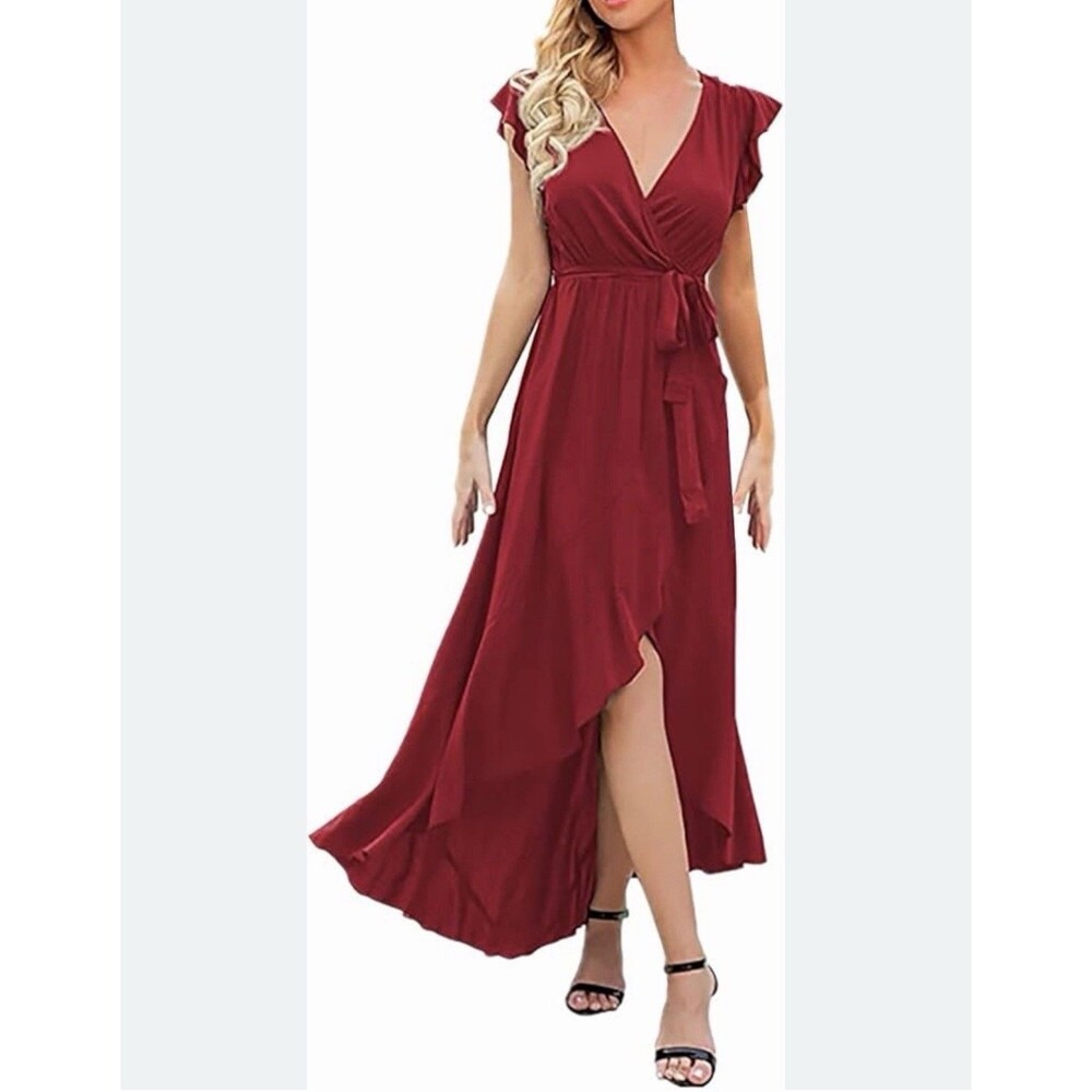 Grecerelle Large Burgundy Evening Dress Summer V-Neck Maxi Dress formal